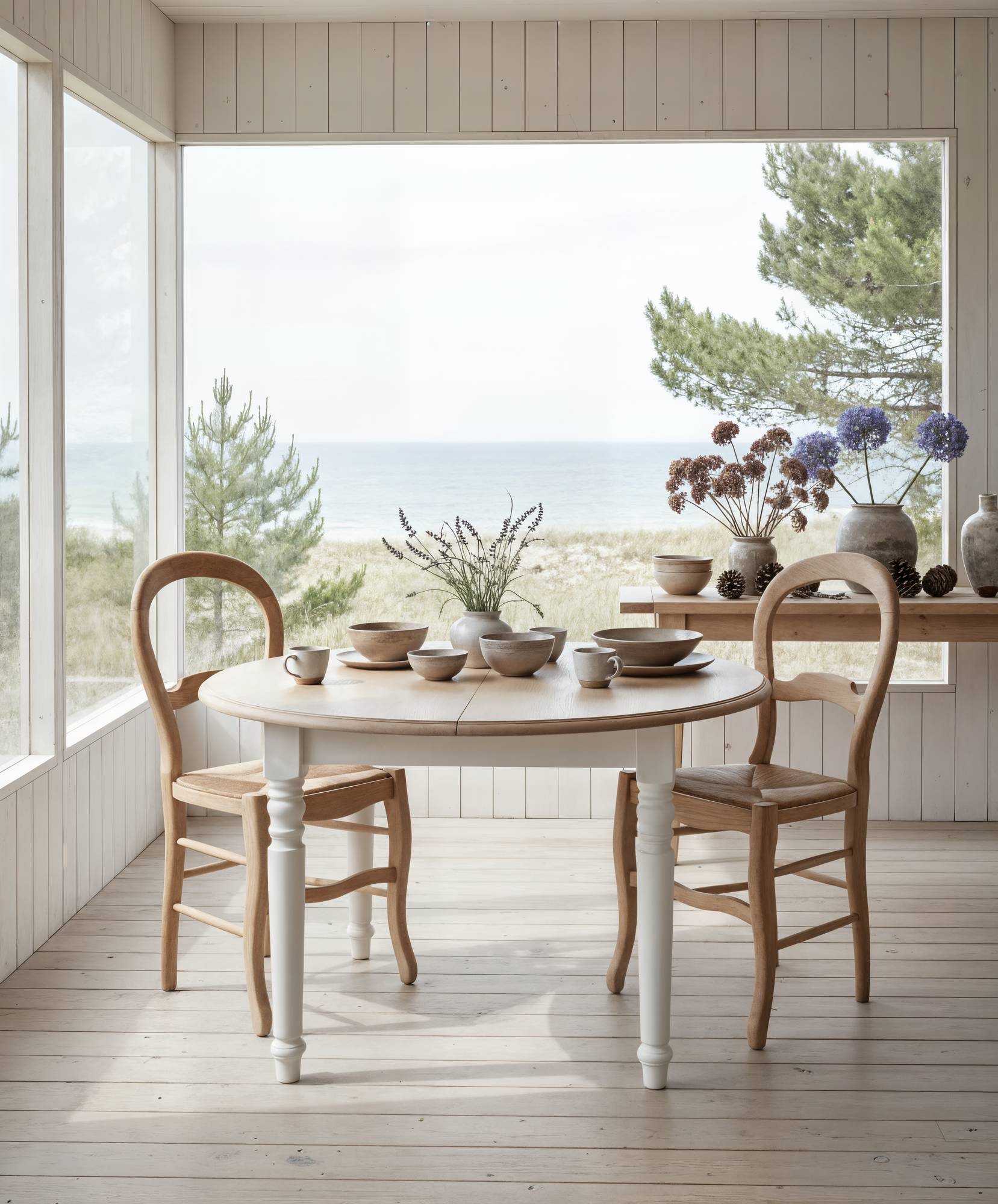 Table à manger ronde extensible blanc et  bois 4 à 8 personnes Apolline - Image 1