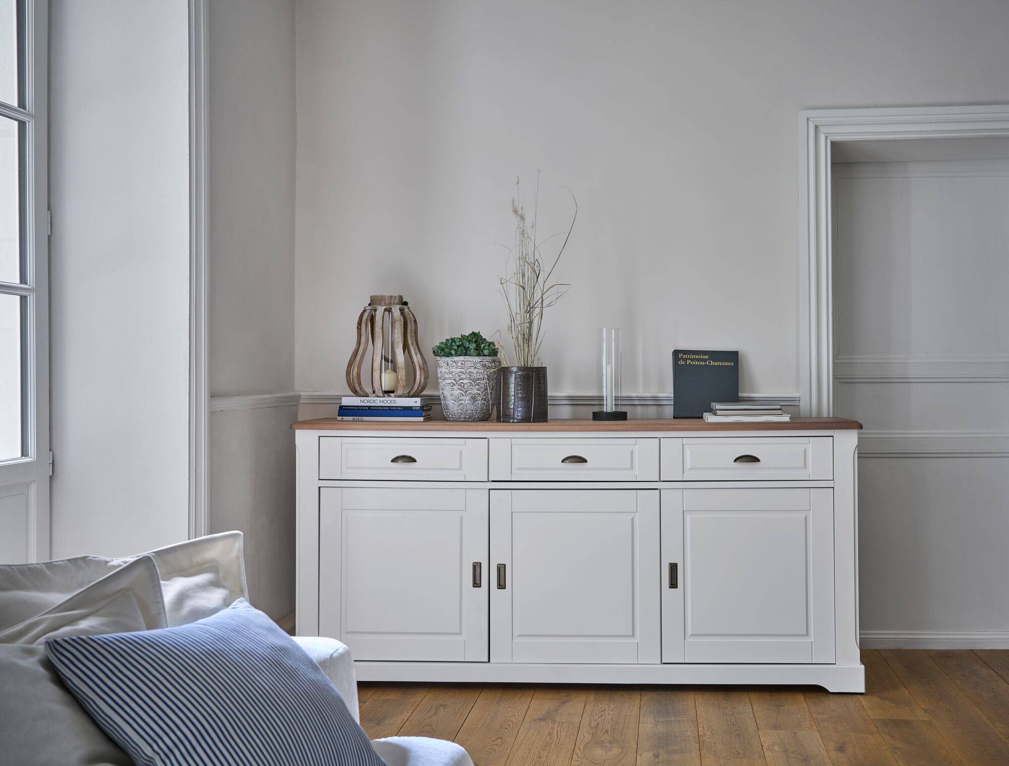 Buffet blanc et bois 3 portes 3 tiroirs 200 cm Apolline
