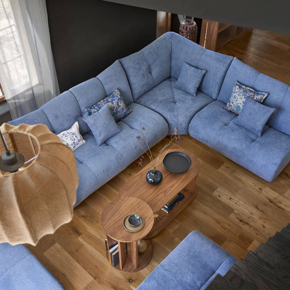 Canapé d'angle modulable tissu avec pouf Benny Canapé d'angle modulable tissu avec pouf Benny