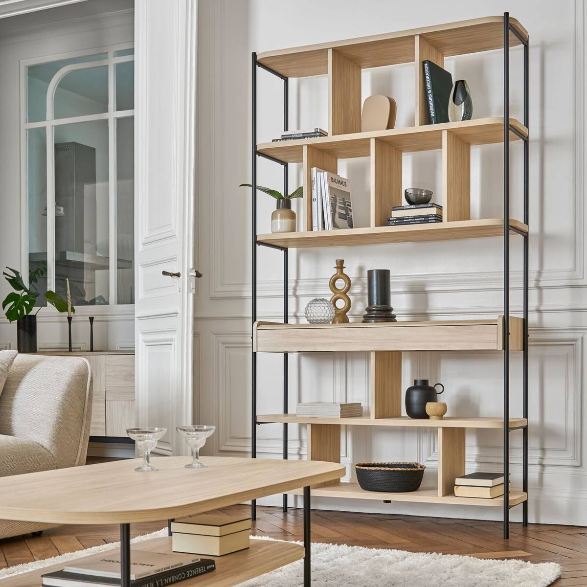 Bibliothèque décor bois pieds métal avec tiroir Mila Bibliothèque décor bois pieds métal avec tiroir Mila