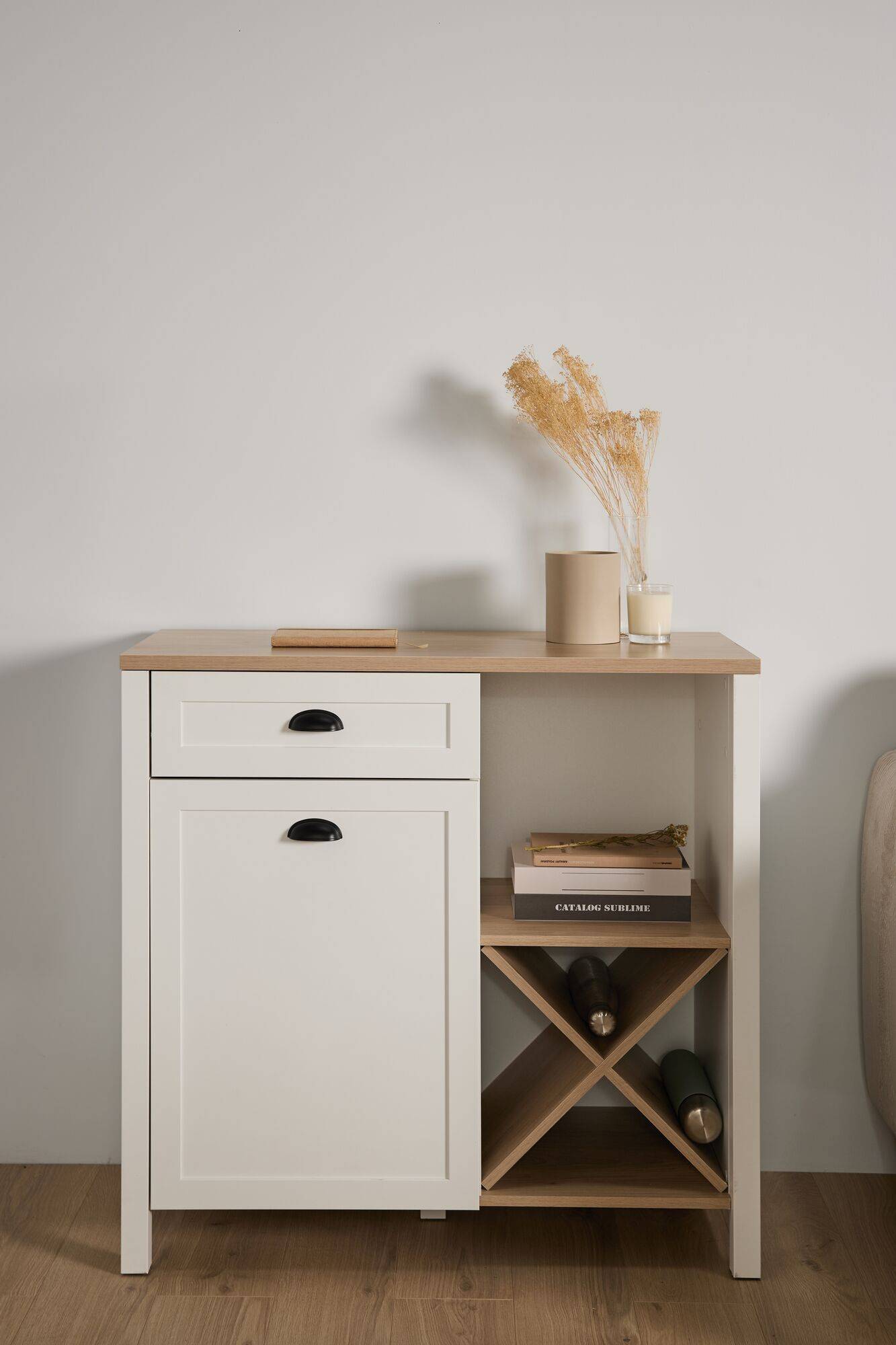 Buffet bas blanc et décor bois 1 porte 1  tiroir Pivoine