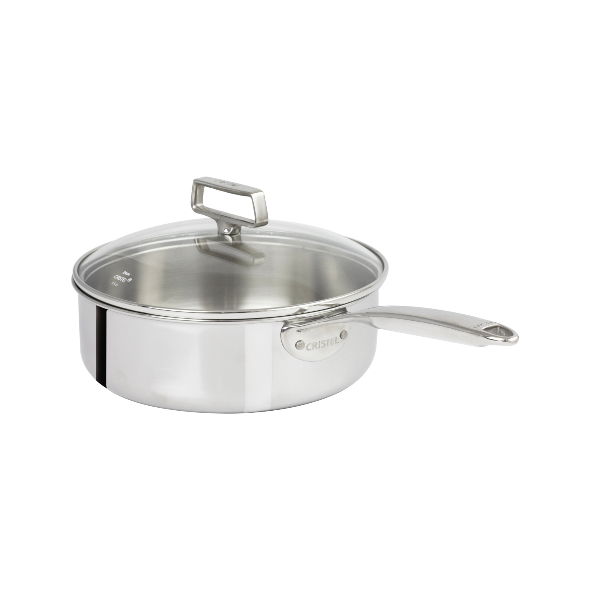 Sauteuse à bord droit inox 24cm CASTEL PRO 5 ply + couvercle en verre