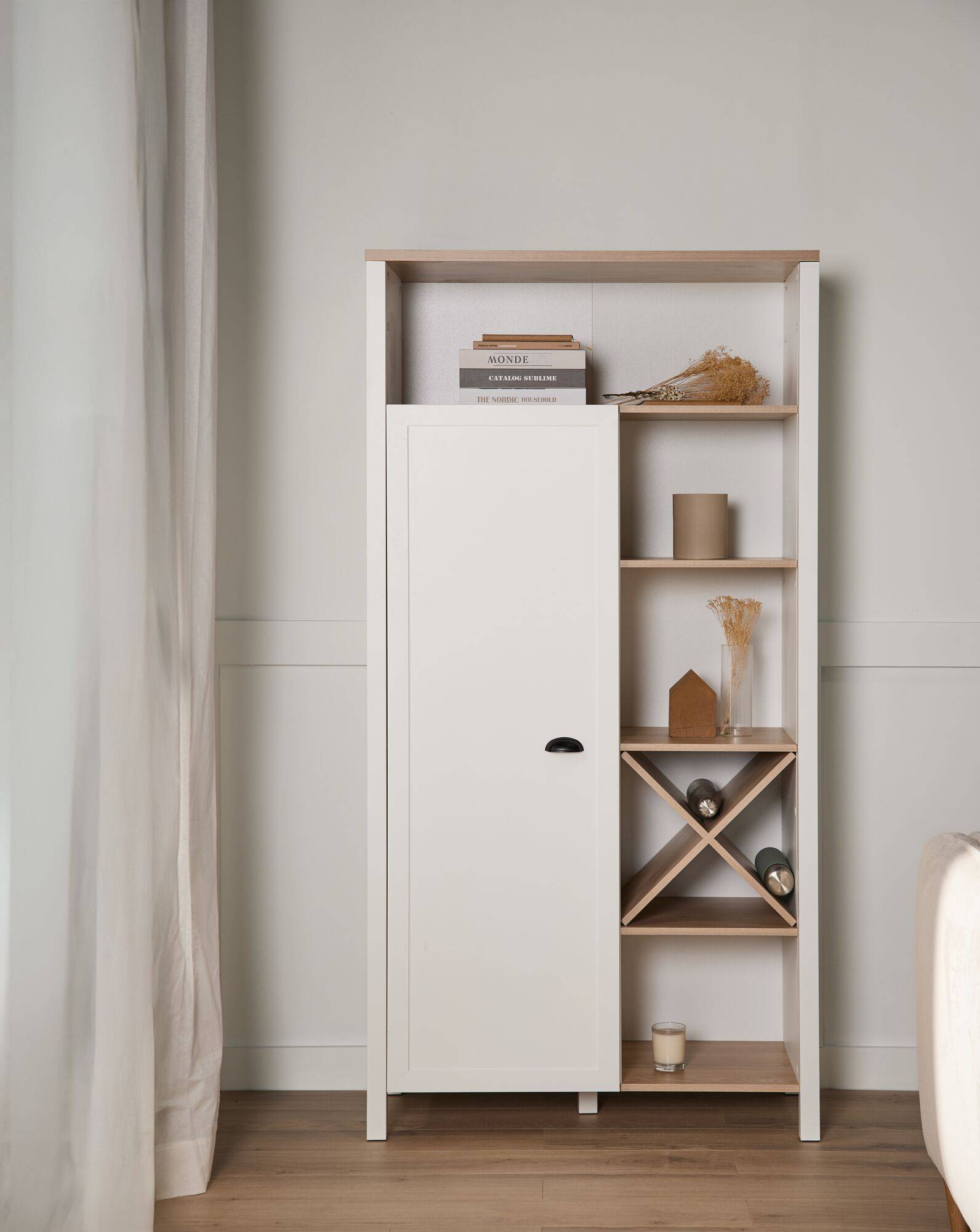 Buffet haut blanc et décor bois 1 porte Pivoine