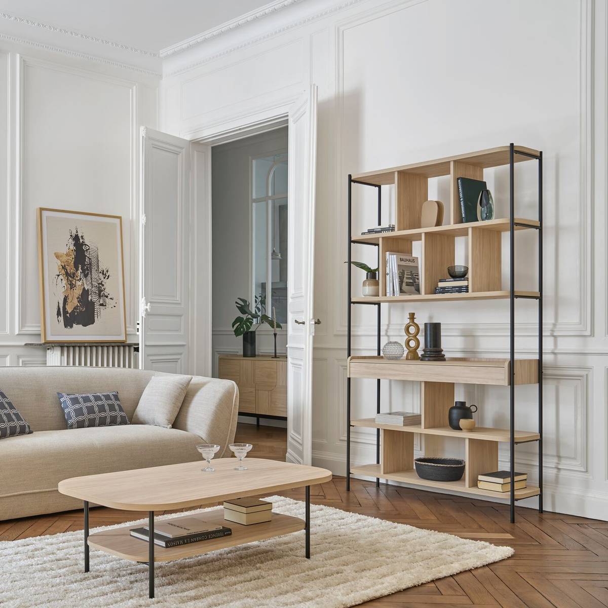 Bibliothèque décor bois pieds métal avec tiroir Mila Bibliothèque décor bois pieds métal avec tiroir Mila
