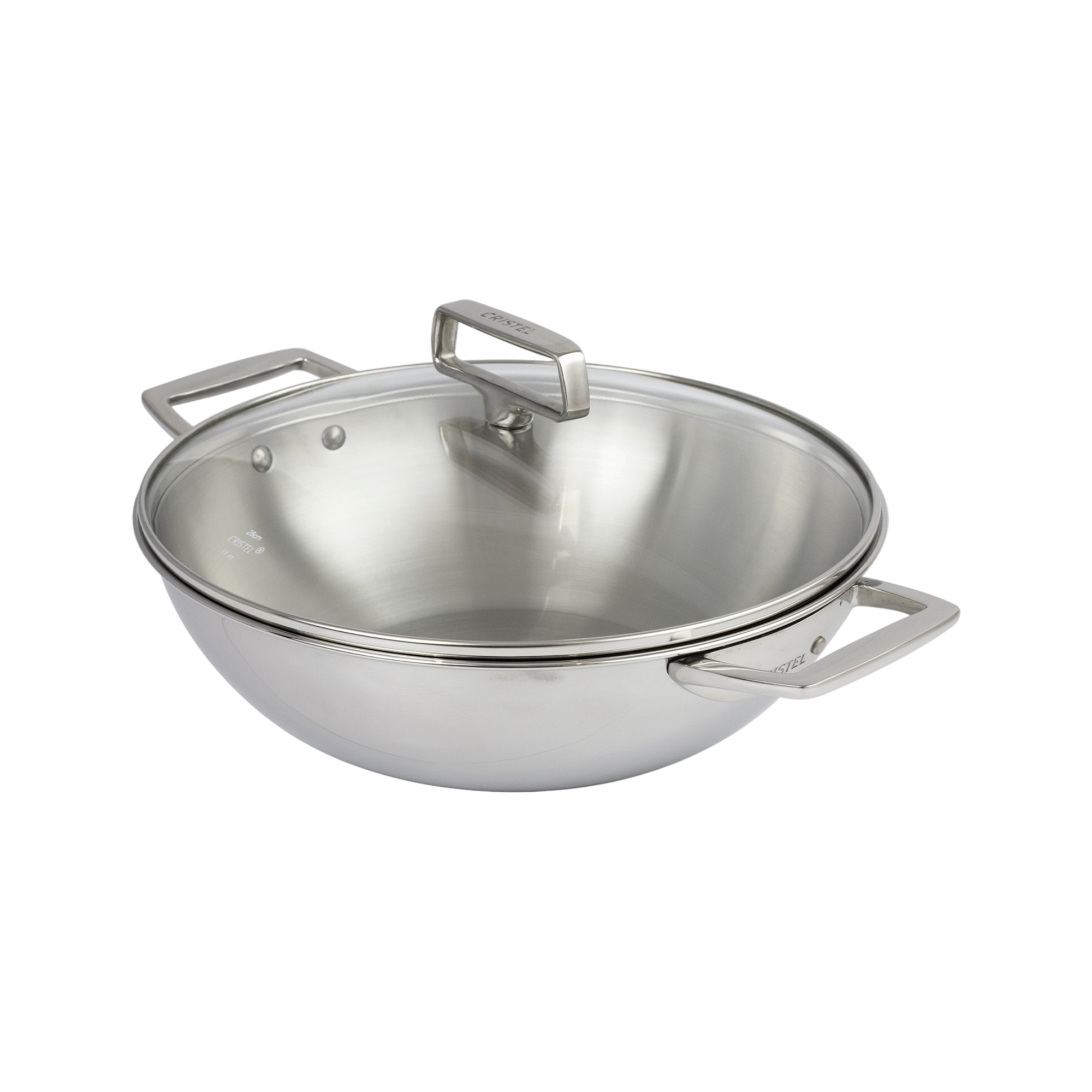 Wok en inox 3 ply, 28 cm, 2 anses fixes, avec couvercle en verre CASTEL PRO