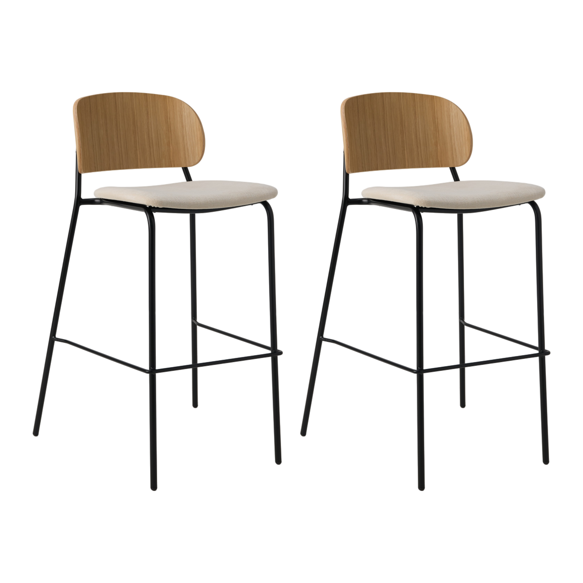 Lot de 2 chaises de bar 75 cm tissu et bois pieds métal Sofia