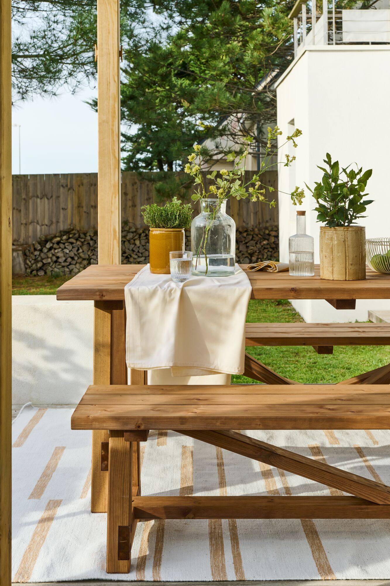 Table Et 2 Bancs Bois Massif - Style Campagne - Longueur 183cm - Occasion UK