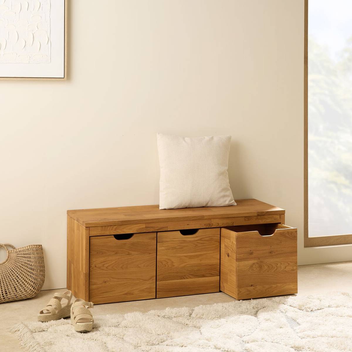 Banc bois massif 3 cubes de rangement Cyriel Banc bois massif 3 cubes de rangement Cyriel