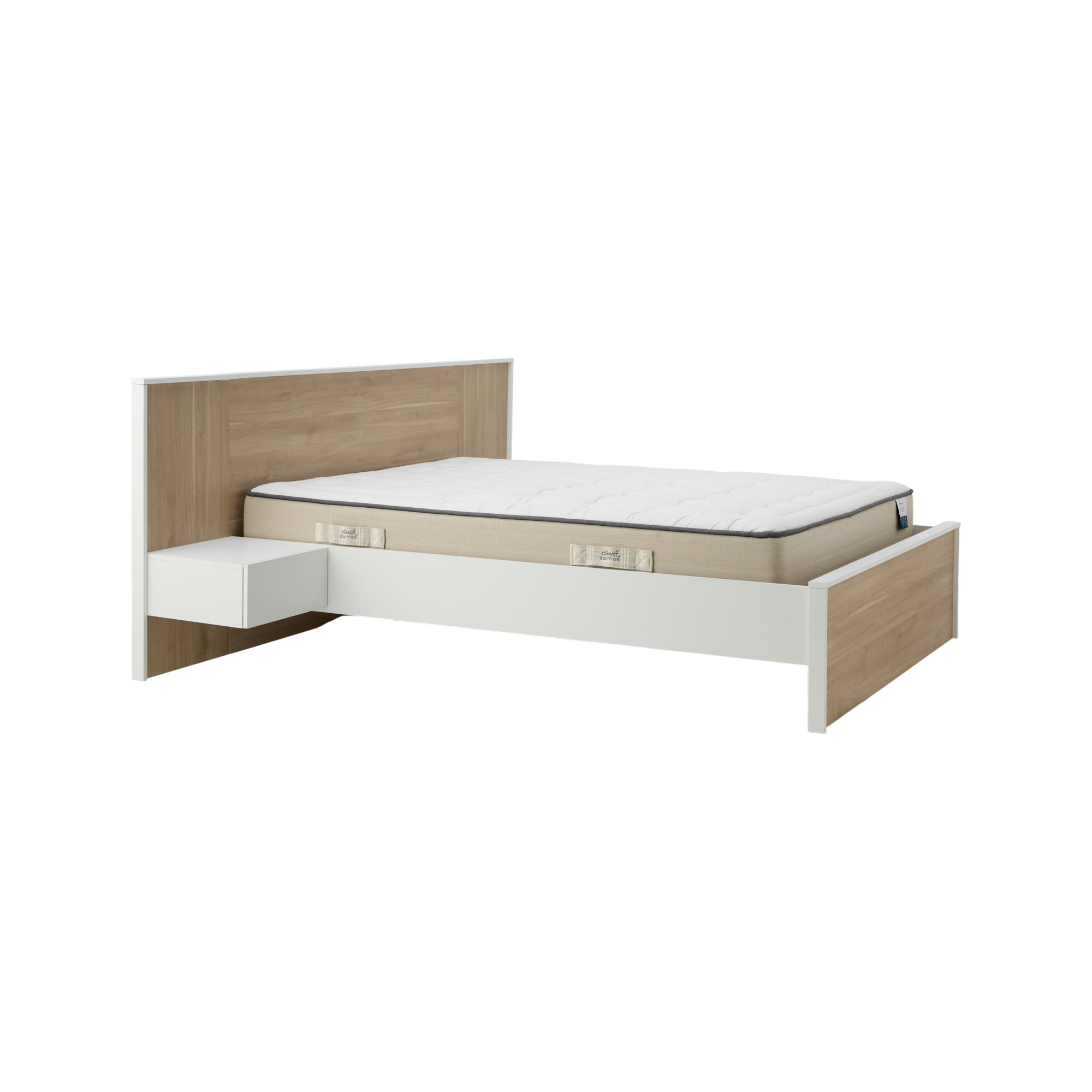 Apportez une touche d'élégance et de praticité à votre chambre avec le lit Palerme ! Son design moderne, associant un décor chêne et blanc, crée une atmosphère chaleureuse et contemporaine. Grâce à ses lignes épurées et son style soigné, il s'intègre harmonieusement dans tous les intérieurs, pour une chambre à la fois tendance et intemporelle.Pensé pour allier confort et fonctionnalité, le lit Palerme est doté de chevets intégrés, offrant un espace pratique pour garder vos essentiels à portée de main sans encombrer votre pièce.Pour un rangement supplémentaire, vous pouvez opter pour des tiroirs sous le lit, disponibles en option. Une solution idéale pour optimiser l'espace tout en conservant une chambre ordonnée.Complétez votre aménagement avec la commode et l'armoire Palerme, des meubles assortis qui apporteront une touche de raffinement et de cohérence à votre décoration.