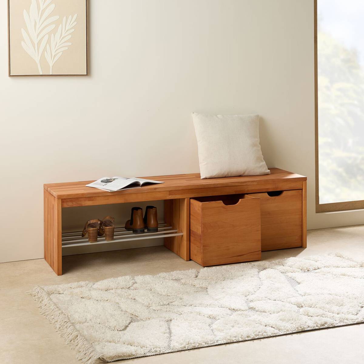 Banc à chaussures bois massif avec 2 cubes de rangement Cyriel Banc à chaussures bois massif avec 2 cubes de rangement Cyriel