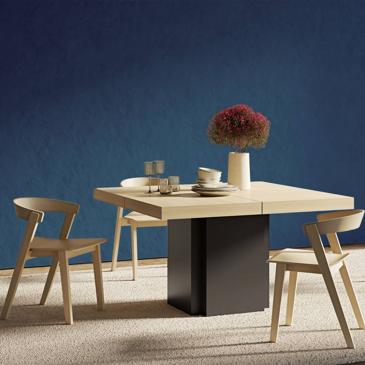 Table à manger carrée décor bois et noir pied central 6 personnes Dusk Table à manger carrée décor bois et noir pied central 6 personnes Dusk