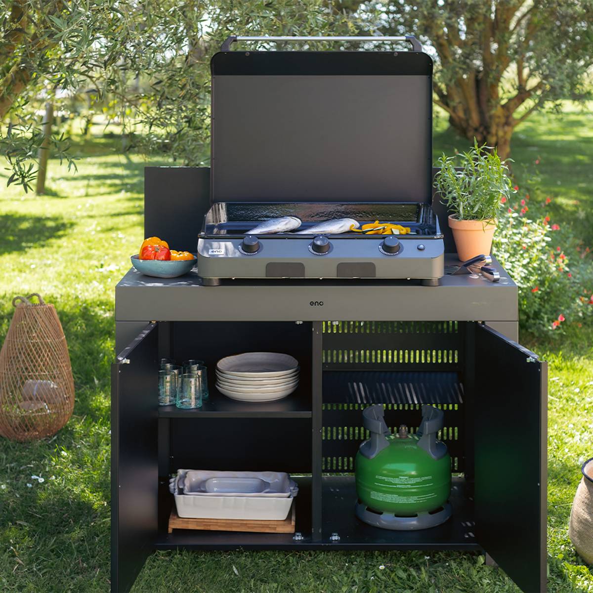 Meuble de Cuisine pour Plancha 120 x 60 cm Félix en Acier Gris et Noir Meuble de Cuisine pour Plancha 120 x 60 cm Félix en Acier Gris et Noir