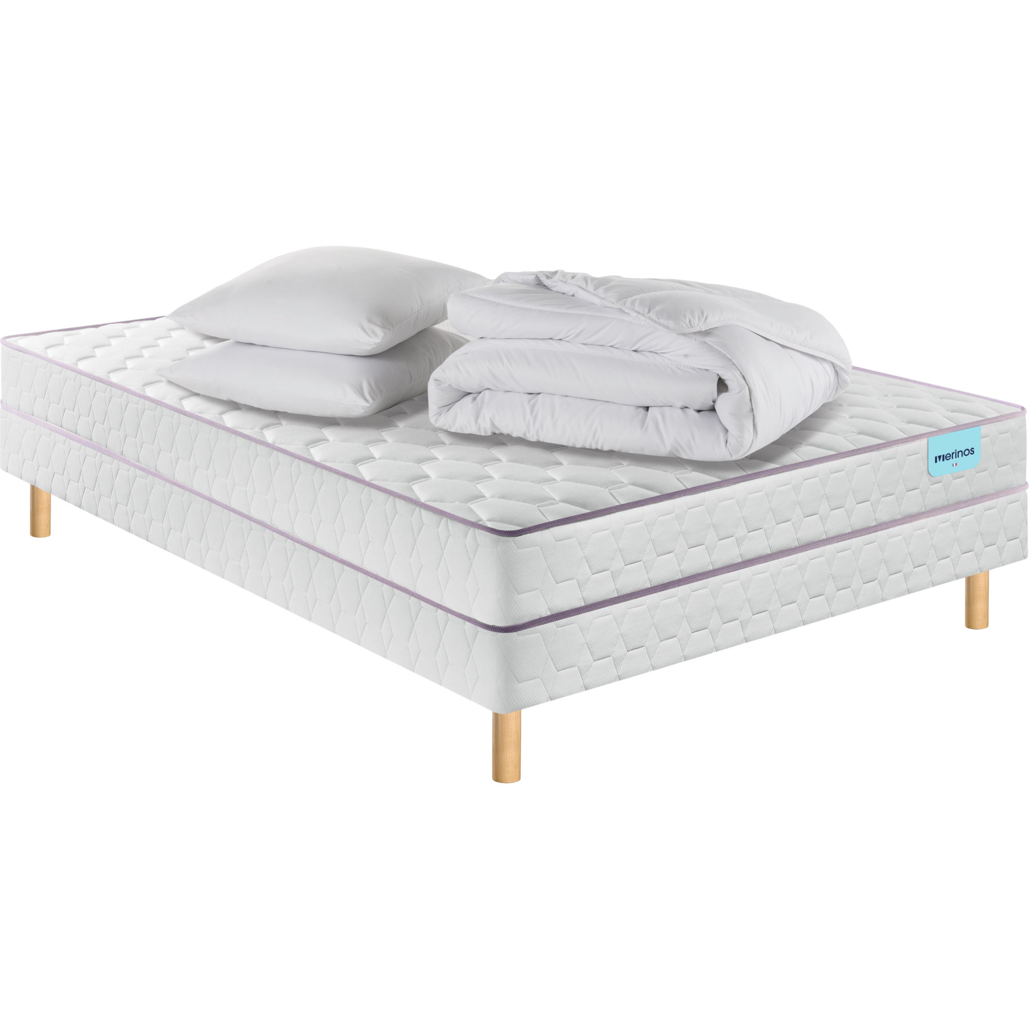 Optez pour la simplicité !Nous avons créé pour vous un ensemble parfait, le Super Natty MERINOS la literie complète qu'il vous faut ! Cet ensemble est composée de son sommier, pieds, matelas, deux oreillers moelleux et sa couette douillette. Tout est prévu et assorties pour vous simplifier la vie, pas besoin de vous poser plus de questions, le confort en un clic ! Son sommier tout en bois massif d'épicéa vous assure une qualité au top et un produit robuste.Un matelas en ressorts ensachés au soutien ferme, un accueil tonique avec deux faces de couchage et tout ça sans traitement et substances actives.Ces oreillers et sa couette sont labelisés Oeko-Tex avec une enveloppe en microfibre pour plus de douceur.Vous allez forcément craquer pour le Super Natty.