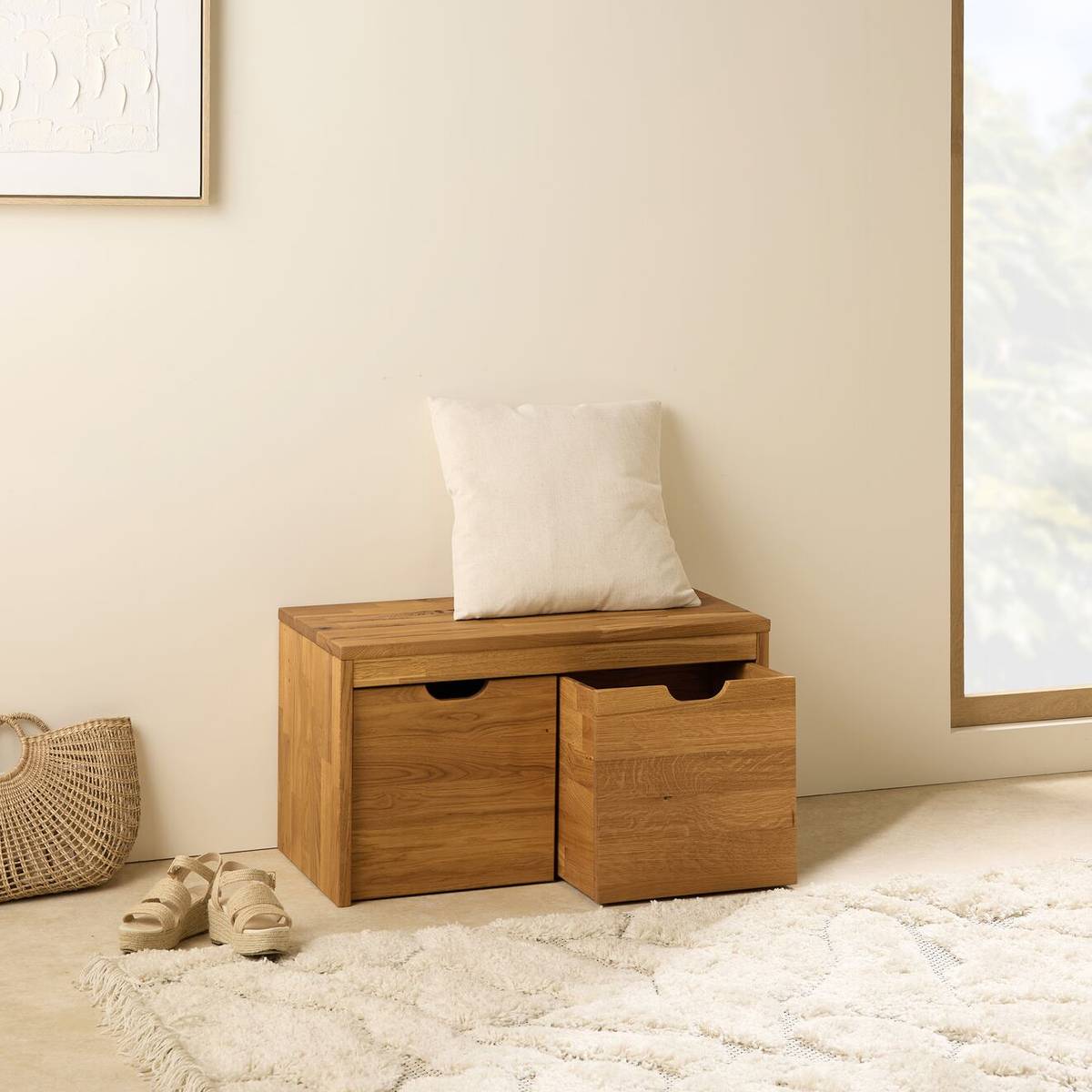 Banc bois massif 2 cubes de rangement Cyriel Banc bois massif 2 cubes de rangement Cyriel