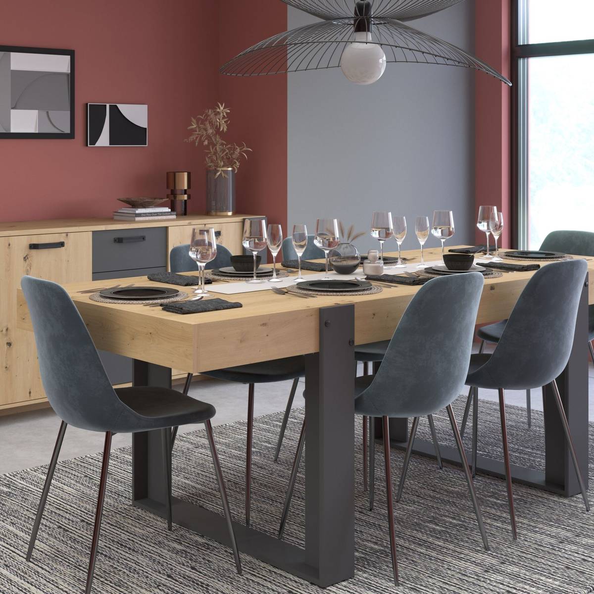 Table à manger rectangulaire décor bois et noir 6 personnes Pippa Table à manger rectangulaire décor bois et noir 6 personnes Pippa