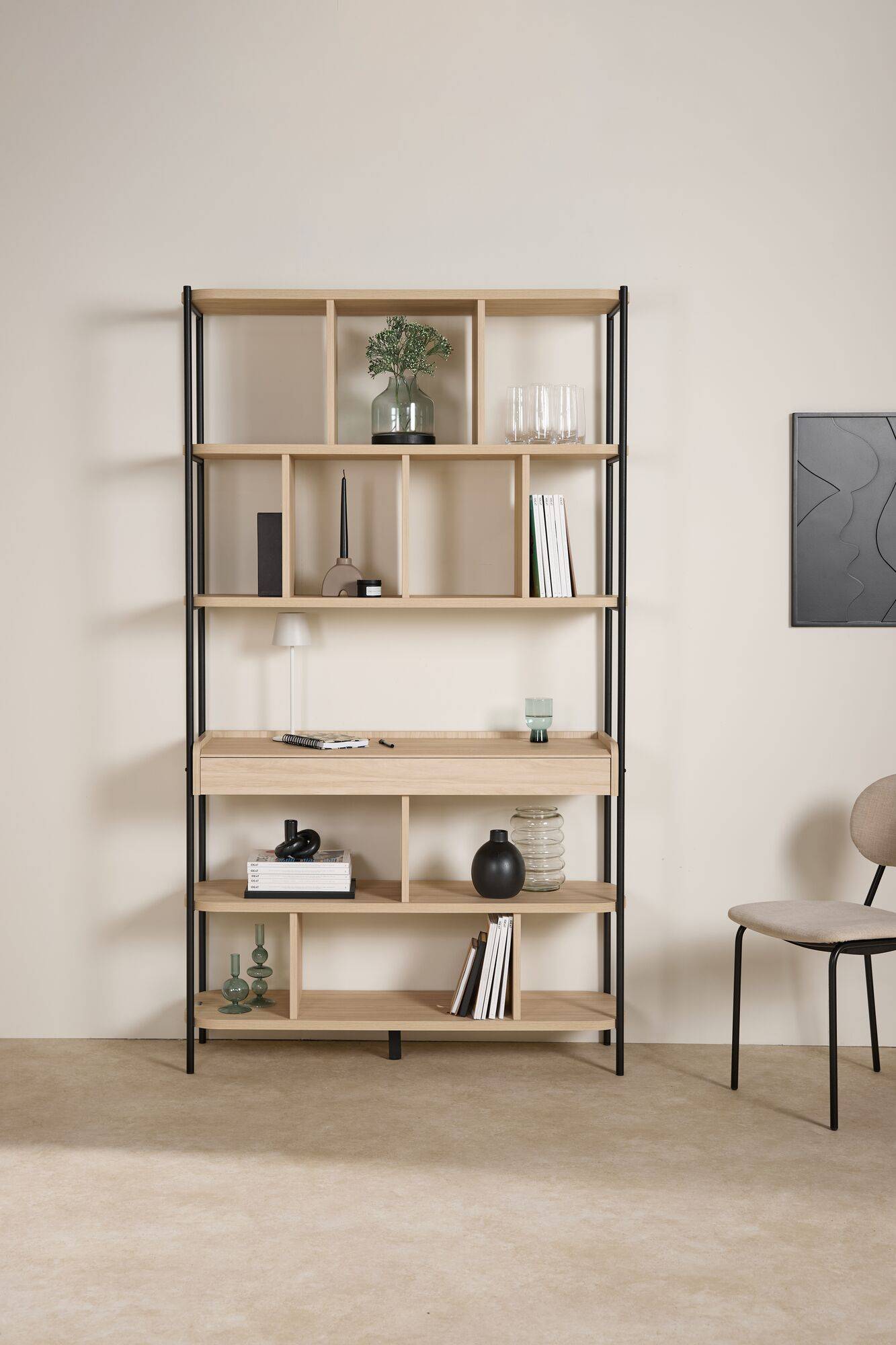 Bibliothèque décor bois pieds métal avec tiroir Mila