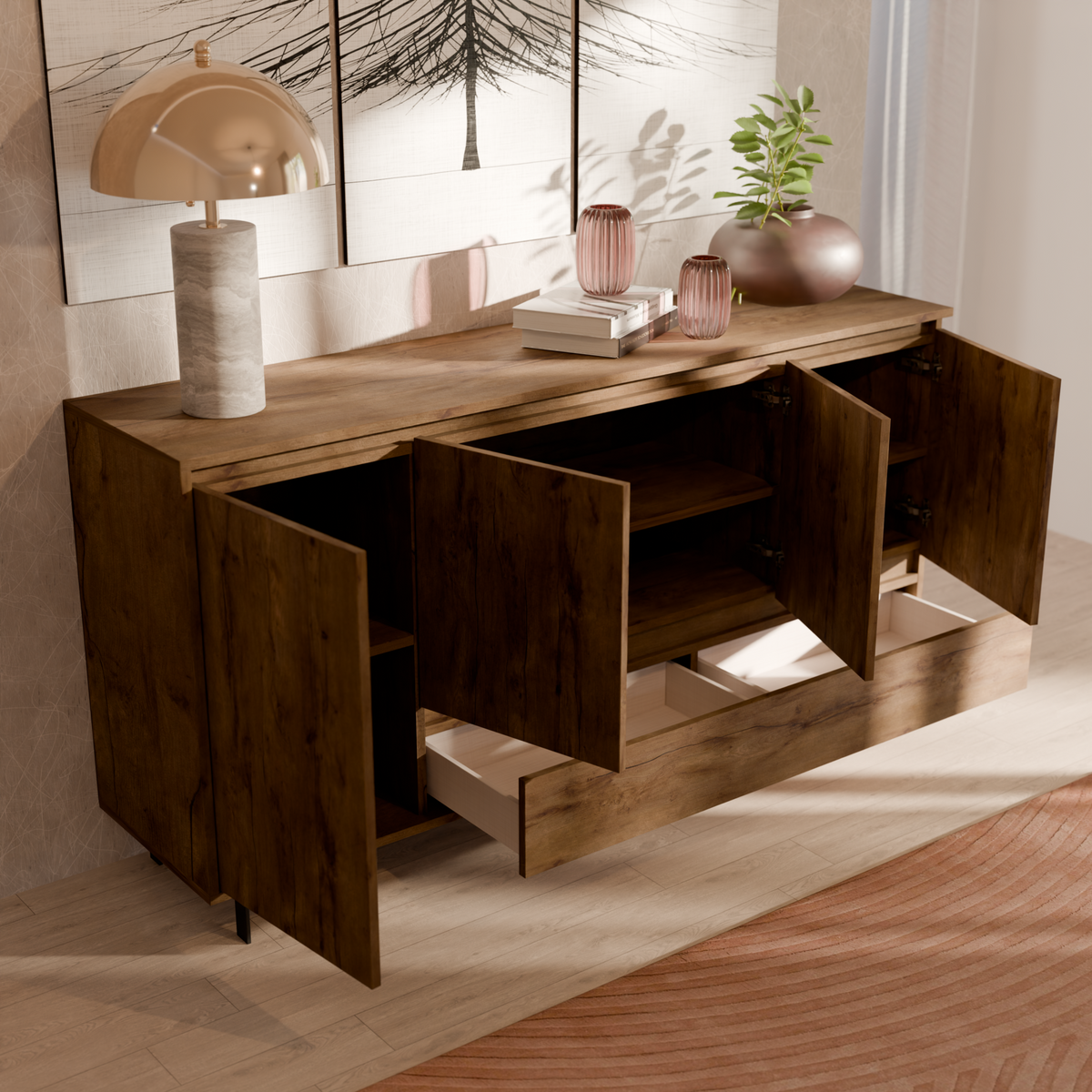 Buffet 4 portes 1 tiroir décor bois Gustavo Buffet 4 portes 1 tiroir décor bois Gustavo