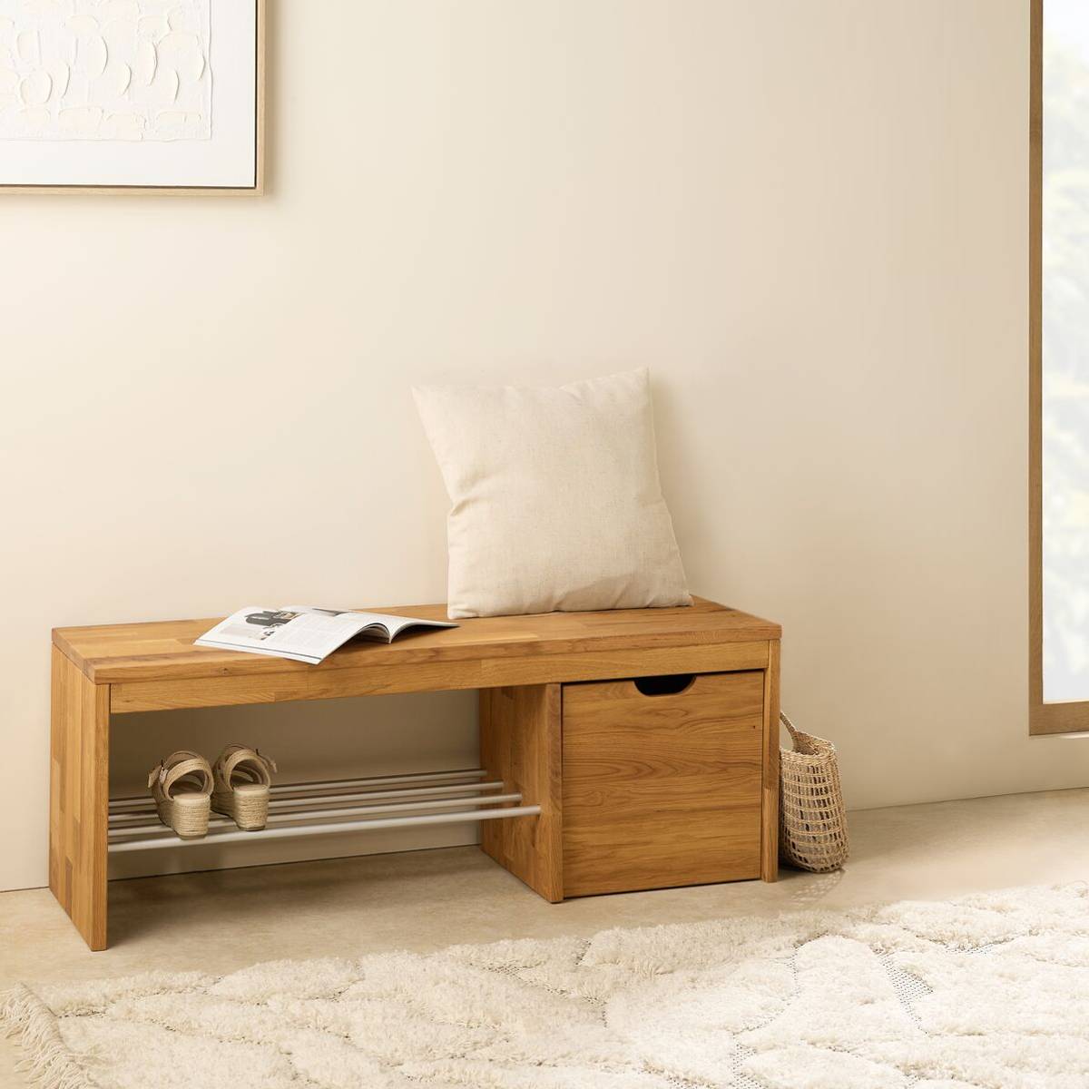 Banc à chaussures bois massif avec 1 cube de rangement Cyriel Banc à chaussures bois massif avec 1 cube de rangement Cyriel