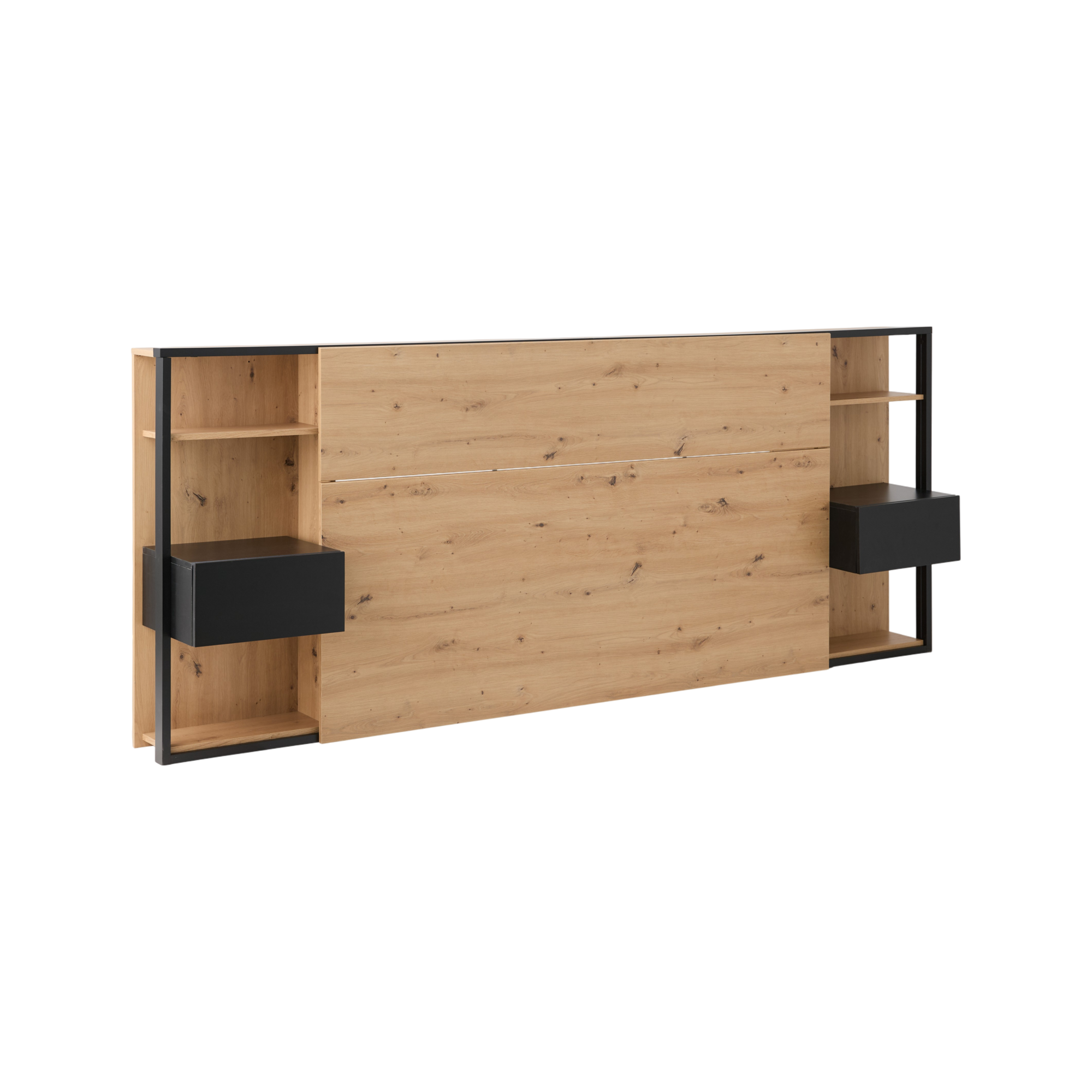 Craquez pour la pièce chic et élégante de votre chambre, la tête de lit Paris !Équipée d'un tiroir-chevet de chaque côté et de multiples niches, vous pourrez y déposer vos objets utiles du quotidien (smartphones, chargeurs, livres, lunettes, verre d'eau...). La planche du dessus est aussi parfaite pour accueillir quelques accessoires décoratifs comme des petites plantes vertes, des bougies, des cadres, des vases ou poser vos tableaux sans avoir besoin de les accrocher au mur. Aussi fonctionnelle que jolie, cette tête de lit s'inscrit dans un style industriel moderne et tendance grâce au contraste du décor chêne et du coloris noir.