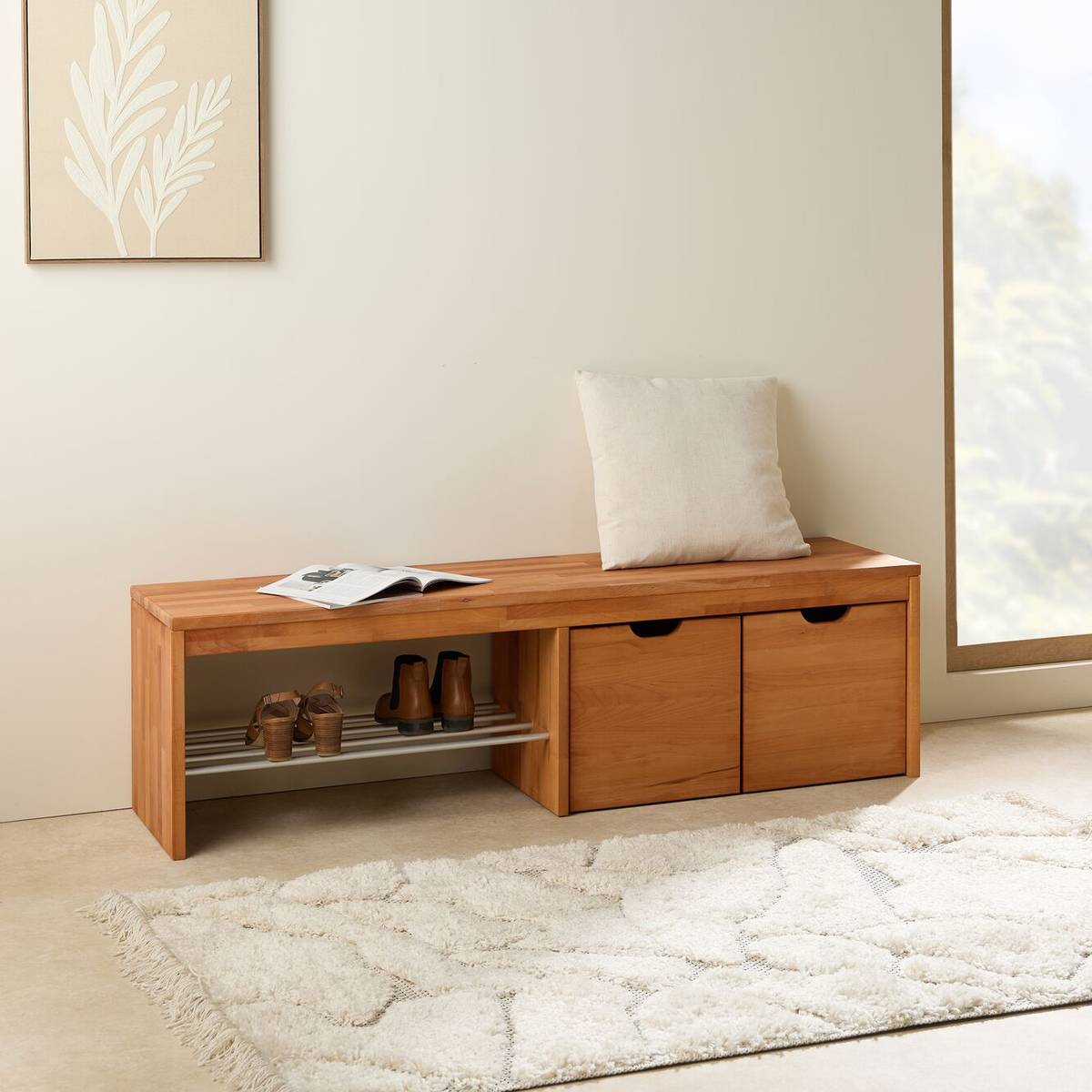 Banc à chaussures bois massif avec 2 cubes de rangement Cyriel Banc à chaussures bois massif avec 2 cubes de rangement Cyriel