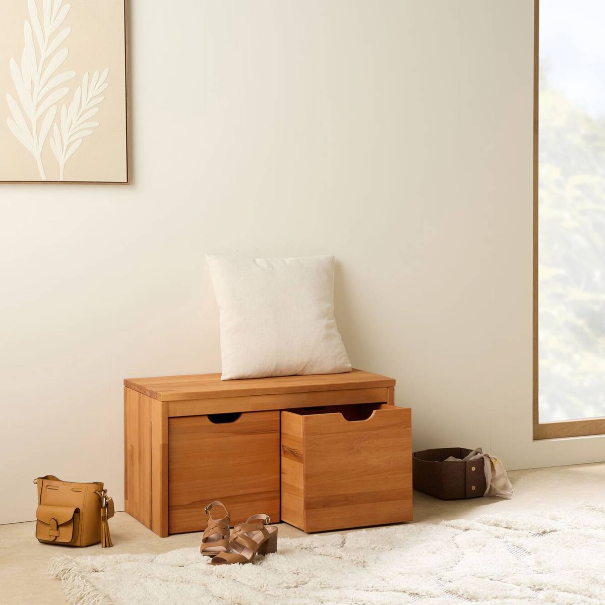 Banc bois massif 2 cubes de rangement Cyriel Banc bois massif 2 cubes de rangement Cyriel