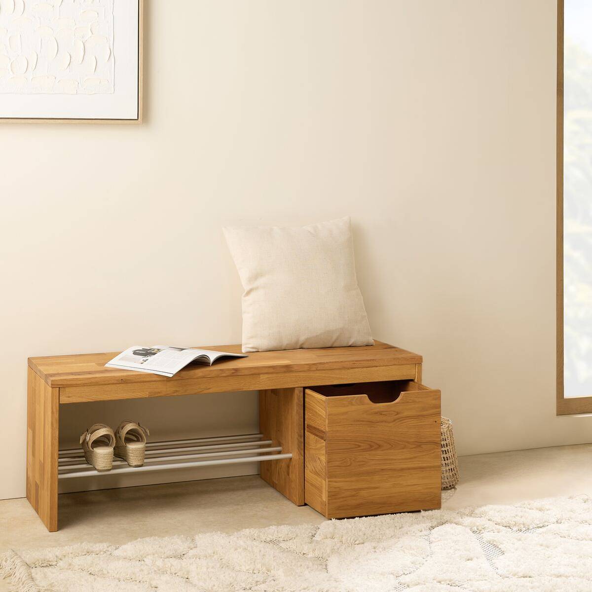 Banc à chaussures bois massif avec 1 cube de rangement Cyriel Banc à chaussures bois massif avec 1 cube de rangement Cyriel