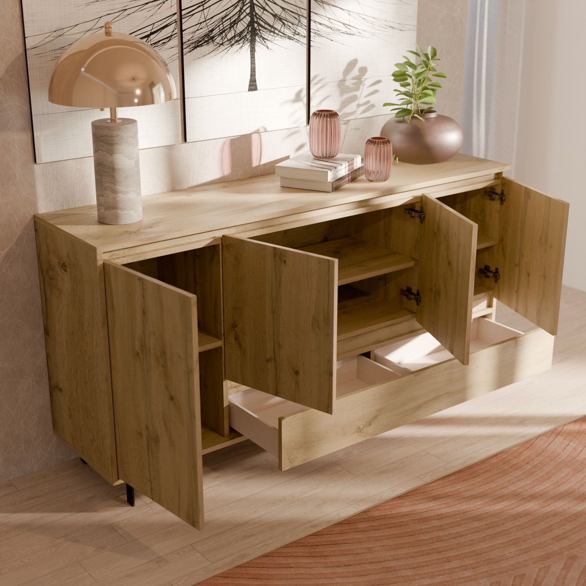 Buffet 4 portes 1 tiroir décor bois Gustavo Buffet 4 portes 1 tiroir décor bois Gustavo