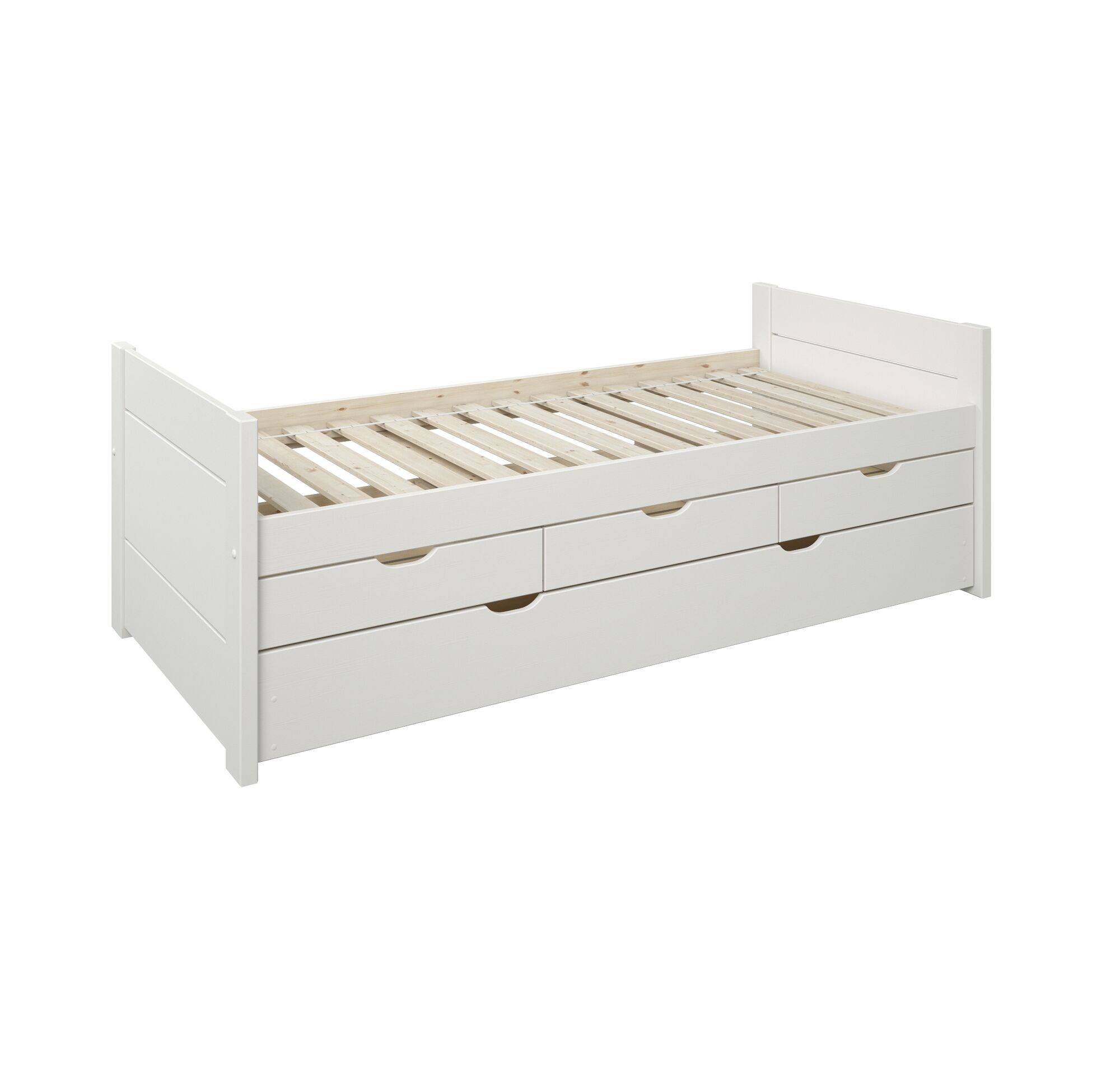 Vous allez être fou du lit gigogne Tom ! L'indispensable des petits espaces, ce lit gigogne combine un 2ème couchage, parfait pour accueillir de la famille ou des amis, avec de grands tiroirs de rangement ! Son grand tiroir-lit peut accueillir un couchage simple en plus de son lit supérieur, parfait pour un enfant qui invite un copain à dormir ou idéal dans une chambre d'amis. Ses 3 tiroirs vous offrent un vaste espace de stockage supplémentaire sans encombrer votre pièce, idéal pour y ranger vos vêtements ou votre linge de maison. Optez pour la qualité et la robustesse avec ce lit fait en bois massif !