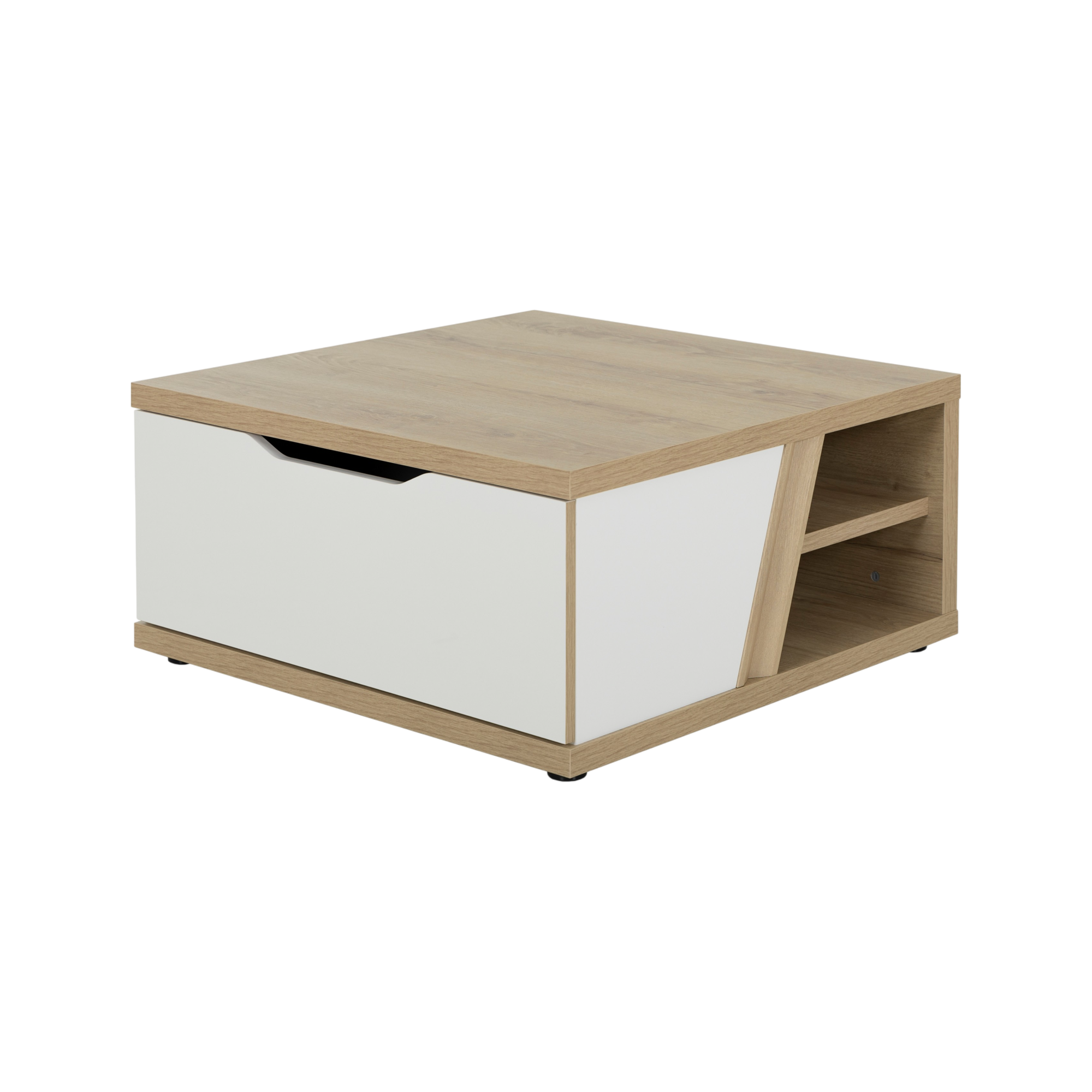 Table basse carrée décor bois et blanc  avec tiroir Gustave